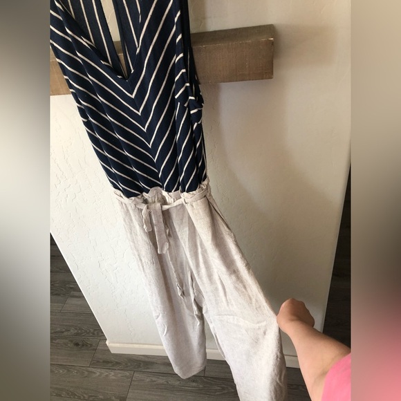 Monteau|Linen blend belted wide leg jumpsuit in Ivory & Stripes•Nautical Beachy - Picture 6 of 16